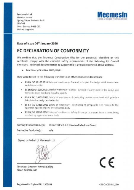 EC符合标准声明,OmniTest 5和OmniTest 7.5标准机器警卫