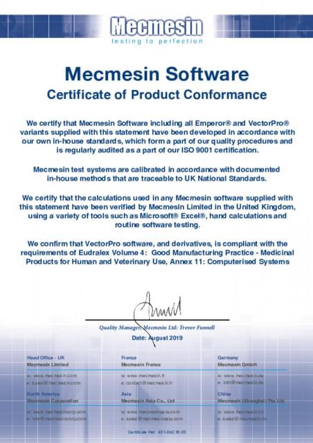 BOB体育最新下载安装Mecmesin软件产品证书的一致性(皇帝和VectorPro)