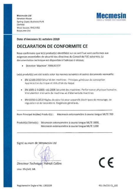 声明de Conformite CE，MlteExtensomètreà课程700、1000和1200