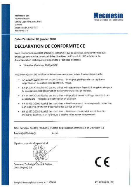 宣言de conformite CE，无所不知的5和全能7.5 Carter de Protection